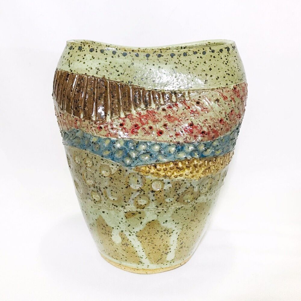 Artisan Ceramic Oval Flat Vase with Multi Textured Raised Pattern, 6”H EUC